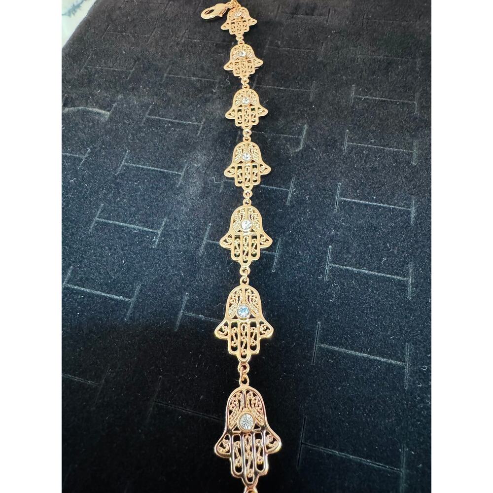 Gold Tone Hamsa Hand Bracelet Rhinestone Adjustable Boho Spiritual Jewelry